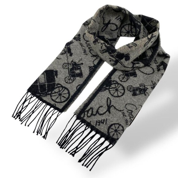 COACH CASHMERE BLEND SIGNATURE PRINT REVERSIBLE TASSLE SCARF PREPPY CLASSIC COZY - Picture 2 of 5